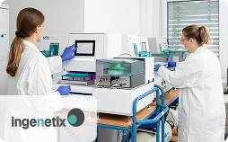 Zwei ingenetix-Mitarbeiterinnen bedienen ein HTI-Laborautomationssystem im Labor